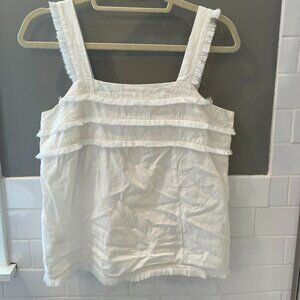 LOFT White Linen Square Neck Tank with Fringe Detail | S